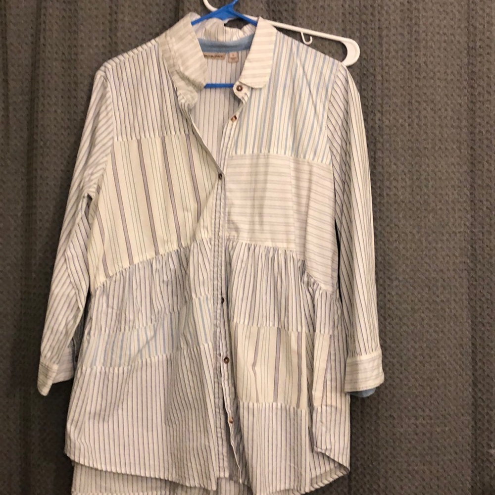 Anthropologie Striped Button-Down Peplum Shirt in White and Blue